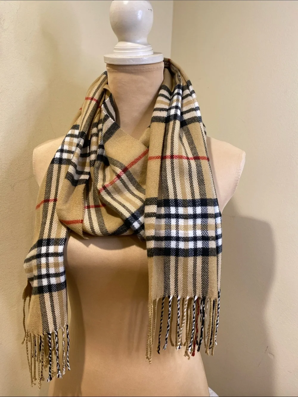 100% Cashmere Italy  Design Classic Check Plaid Scarf - Camel